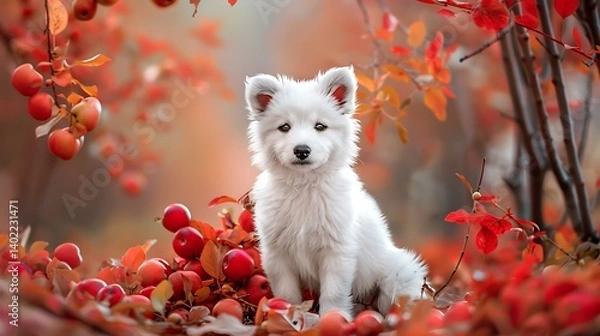 Fototapeta Adorable fluffy white puppy sitting among vibrant red autumn leaves and small apples in a magical forest scene, looking curiously at the camera with soft natural light creating a dreamy background.

