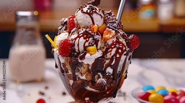 Fototapeta Delicious and colorful ice cream sundae served in a large glass bowl with scoops of chocolate, vanilla, strawberry, whipped cream, syrup, raspberries, and crunchy toppings, perfect for dessert lovers.