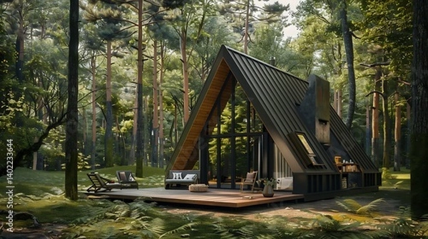 Fototapeta Modern A-frame cabin nestled in a serene forest surrounded by lush greenery and tall pine trees, with cozy outdoor seating and natural light creating a peaceful escape into nature and relaxation.
