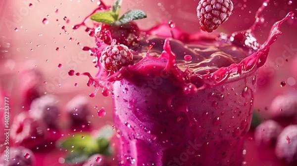 Fototapeta Vibrant splash of fresh berry smoothie in a glass with flying strawberries, raspberries, blueberries, and juice drops captured mid-air on a colorful bokeh background for healthy food and drink concept