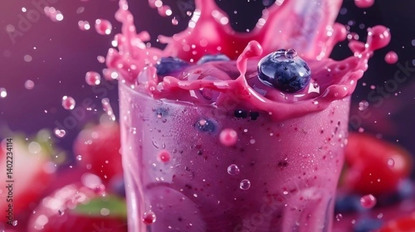 Fototapeta Vibrant splash of fresh berry smoothie in a glass with flying strawberries, raspberries, blueberries, and juice drops captured mid-air on a colorful bokeh background for healthy food and drink concept
