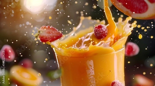 Fototapeta Vibrant splash of fresh berry smoothie in a glass with flying strawberries, raspberries, blueberries, and juice drops captured mid-air on a colorful bokeh background for healthy food and drink concept