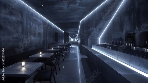 Fototapeta Futuristic luxury restaurant interior with modern architectural design, ambient lighting, elegant furniture, and an open concept space blending indoor and outdoor dining in an urban setting at dusk.
