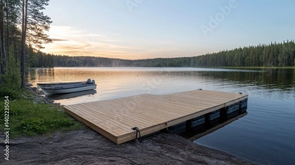 Fototapeta A small wooden dock reaches into a misty lake at dawn, with a rowboat tied to it, while the calm water mirrors the gentle light of the rising sun