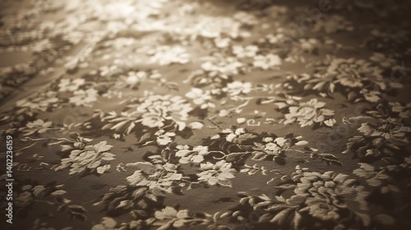 Fototapeta Elegant vintage floral tapestry with intricate embroidery patterns, featuring blooming flowers and vines on textured fabric in warm sepia tones, ideal for backgrounds, textile, and interior design the