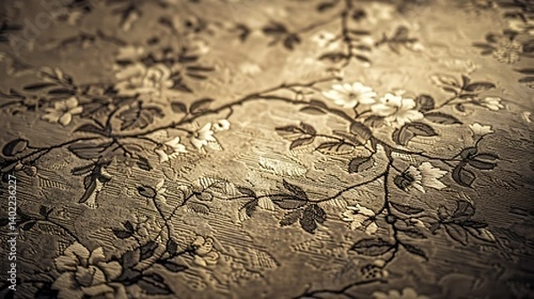 Fototapeta Elegant vintage floral tapestry with intricate embroidery patterns, featuring blooming flowers and vines on textured fabric in warm sepia tones, ideal for backgrounds, textile, and interior design the