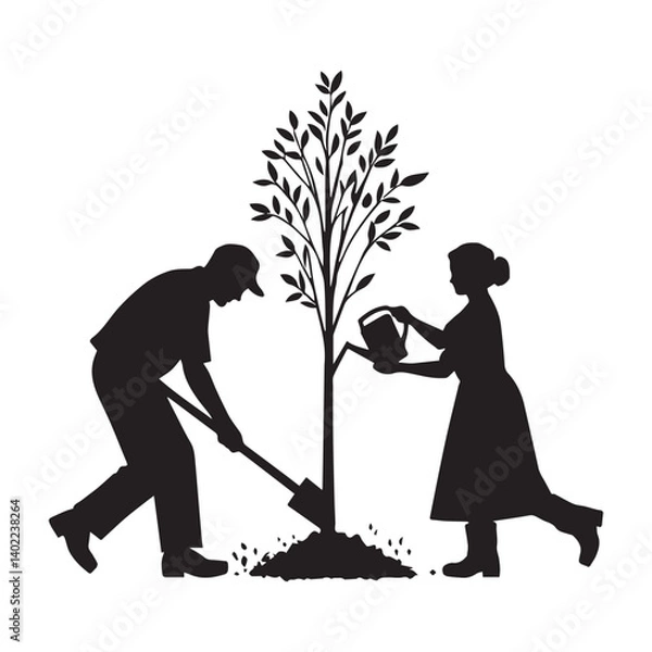 Obraz People planting trees Men digging soil and woman watering plant silhouette White Background.