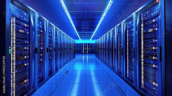 Obraz Depict a state of the art data center with rows of server racks, cooling systems, and redundant power supplies.