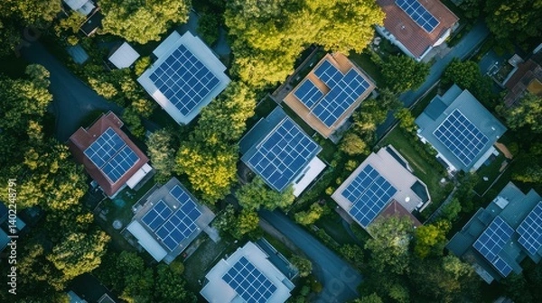 Fototapeta drone view of residential houses with photovoltaic solar panels. Alternative and Renewable energy concept. generative ai.