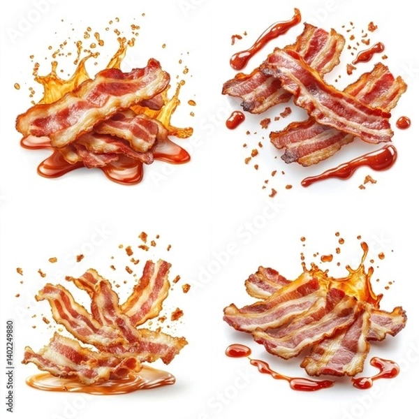 Fototapeta Bacon splashing, tomato ketchup, isolate on white background. Collection.