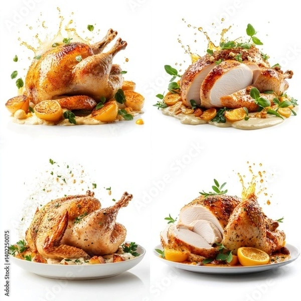 Fototapeta Whole roasted turkey splashing, mayonnaise, isolate on white background. Collection.