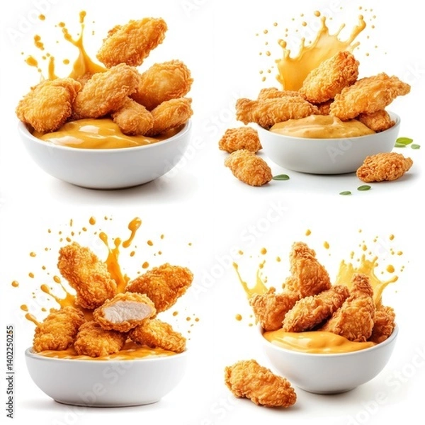 Fototapeta Golden chicken strips splashing, yellow mustard sauce, isolate on white background. Collection.