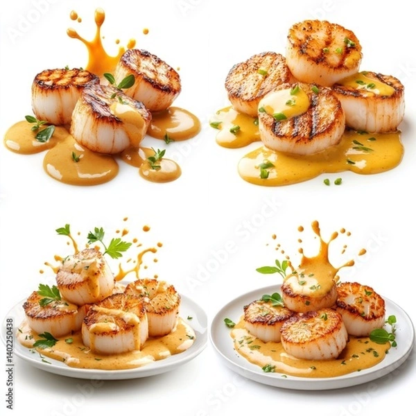 Fototapeta Golden grilled scallops splashing, yellow mustard sauce, isolate on white background. Collection.