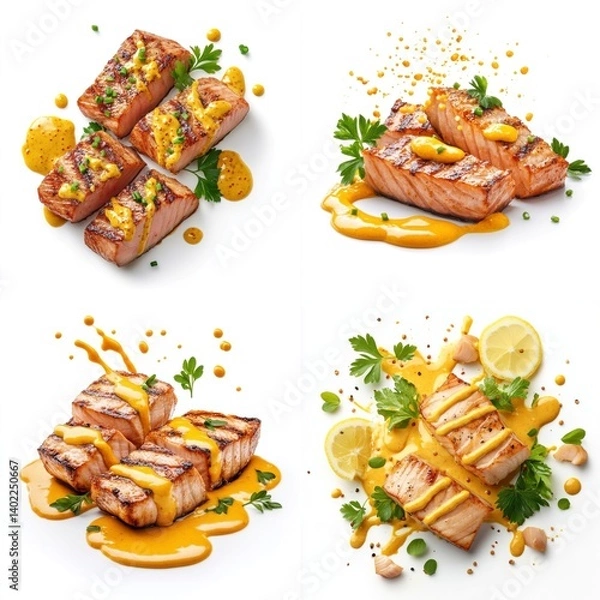 Fototapeta Smoky grilled tuna splashing, yellow mustard sauce, isolate on white background. Collection.