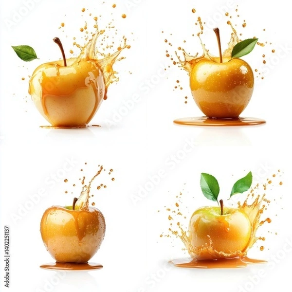 Fototapeta Apple in caramel glaze splash, glossy and rich, isolated on white background. Mix Collection.