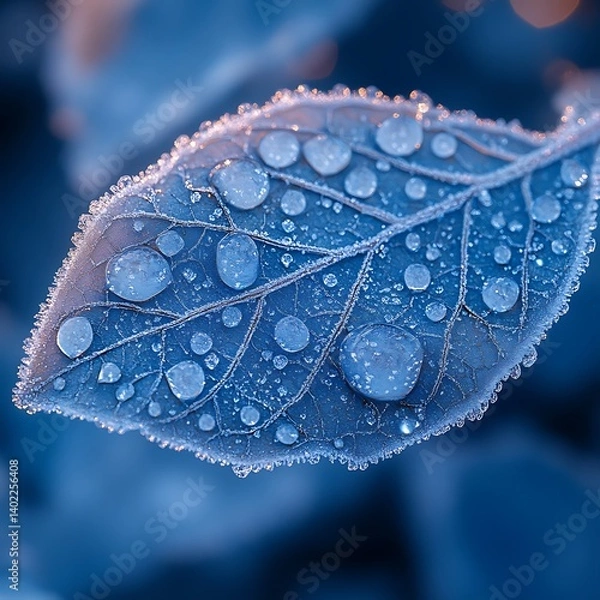 Fototapeta Detailed macro shot of frost crystals forming on a frozen leaf, delicate patterns and textures under soft, cool lighting, close-up perspective emphasizing the intricate ice formations.