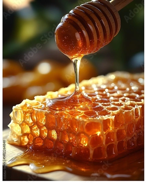 Fototapeta Drizzling golden honey from wooden dipper onto fresh honeycomb with visible crystalline structure, sunlight streaming through creating amber reflections, extreme close-up capturing viscous flow