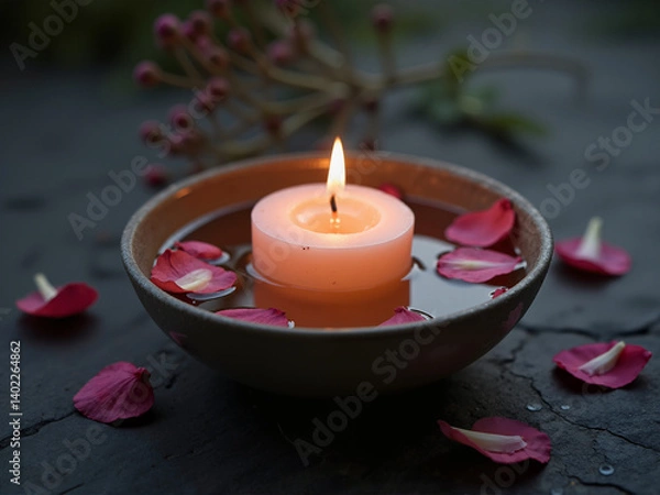 Obraz A peaceful candle floats in a bowl of water surrounded by delicate rose petals, creating a serene atmosphere ideal for relaxation and meditation, enhancing well-being and mindfulness
