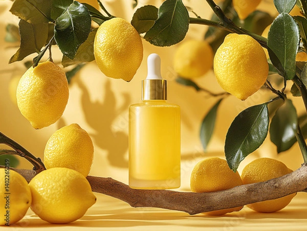 Fototapeta a lemon essential oil bottle with a dropper on a beige background, surrounded by fresh lemons and green leaves on a branch.