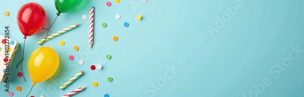 Fototapeta A Colorful And Festive Birthday Setup Featuring Essential Party Items Arranged Artfully On A Soft Blue Tabletop Background.