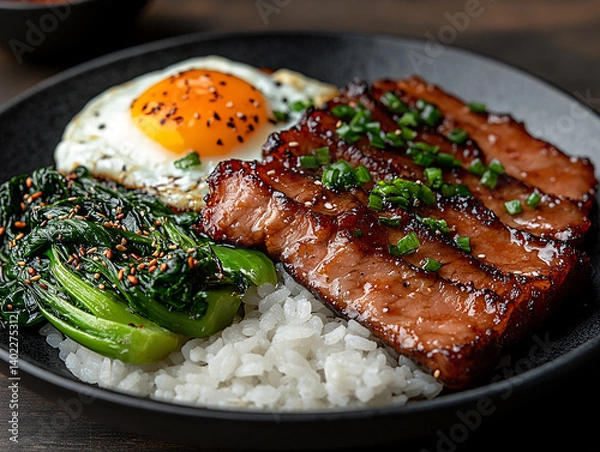 Fototapeta a bowl of food consisting of rice topped with stir-fried pork cubes in a glossy sauce, a fried egg with a runny yolk, green onions, and sesame seeds, and a side of leafy greens. The dish is garnished 