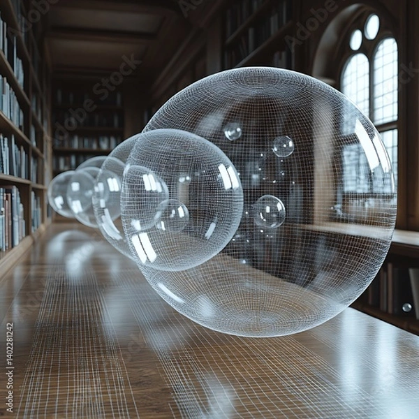 Fototapeta Empty desk, abstract wireframe spheres hovering, natural window light, eye-level shot.