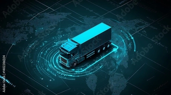 Fototapeta Futuristic truck navigating a digital map with data overlays, showcasing advanced logistics technology