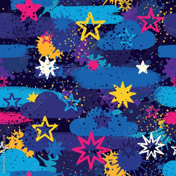 Obraz Seamless abstract pattern with colorful stars, clouds, paint splashes, and grunge textures. Funky night sky design for kids and teens. Bright vivid background for textiles, wallpapers