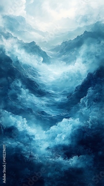 Obraz Serene Mountain Landscape Mobile Wallpaper Swirling Blue Clouds and Misty Mountains Under Soft Glowing Sky