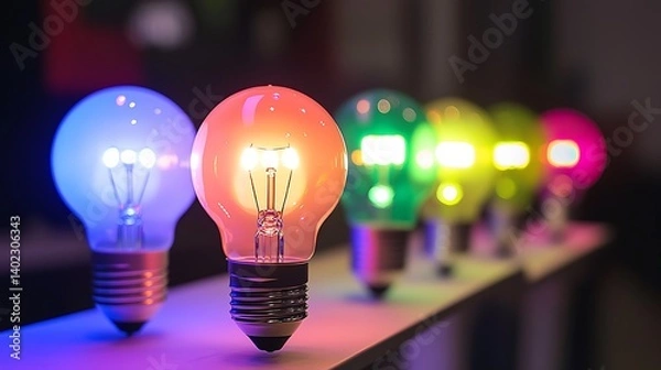 Obraz A variety colorful modern LED light bulbs, focusing on energy-efficient lighting solutions