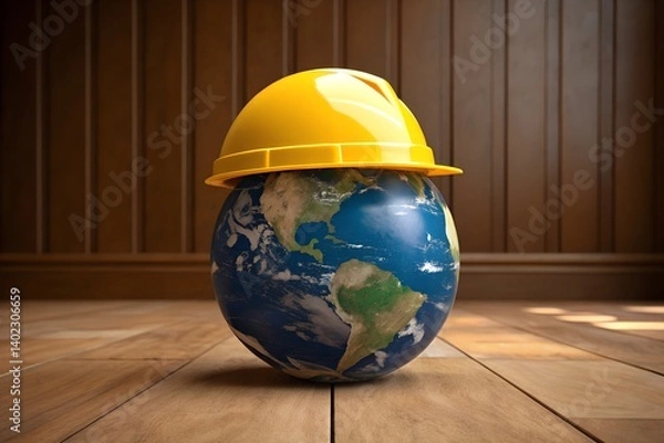 Fototapeta 3D construction helmet with globe on a world map representing global business and environmental concepts