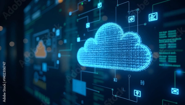 Fototapeta Optimized Cloud Computing Performance: Enhance Data Processing Speed and Resource Utilization for Resilient Infrastructure in Enterprise Digital Operations - Photo Stock Concept with Left Space