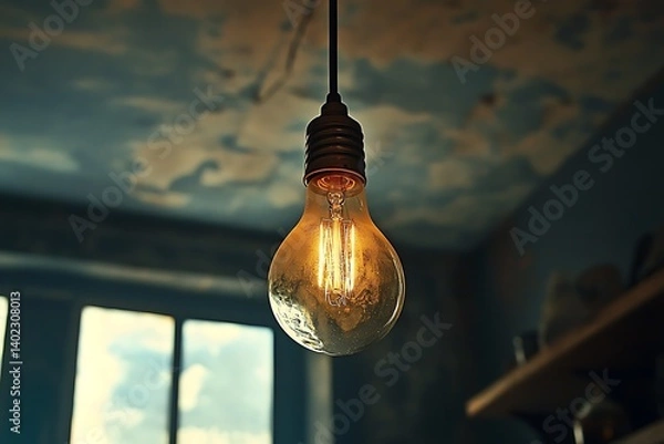 Obraz A vintage light bulb hanging from a ceiling