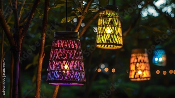 Obraz Bamboo lampshade in colorful lighting tree