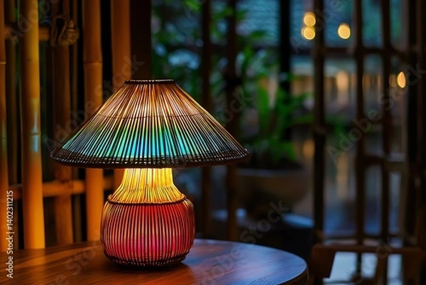Obraz Bamboo lampshade lit in colorful lighting, enhancing a cozy ambiance