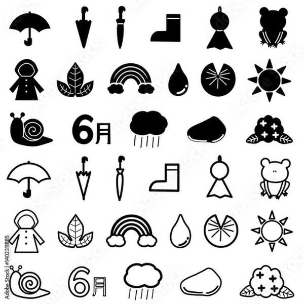 Obraz モノクロ梅雨イラストセット