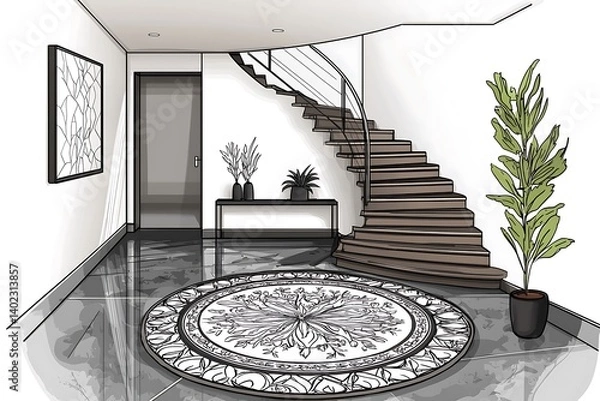 Obraz Bright and airy suburban house foyer with polished concrete floors, sleek floating stairs, and an open layout leading into a designer living and dining area