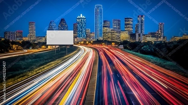 Fototapeta Nighttime cityscape of Dallas with light trails from moving cars on a highway and a blank billboard