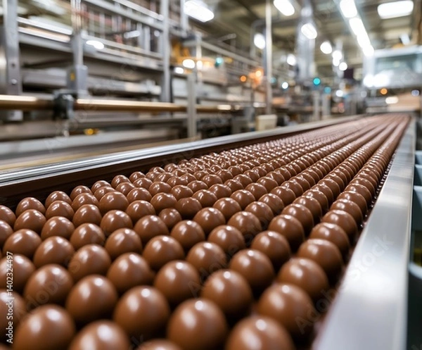 Obraz  Conveyor belt in chocolate factory moves glossy truffles, rich shine contrasts steel and soft light isolated on transparent background