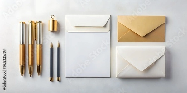 Fototapeta Elegant Stationery Set with Gold Accents Featuring Pens Envelopes and Notepad for Professional Use