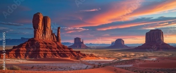 Obraz Vast desert landscape with dramatic rock formations and an expansive sky at dusk.