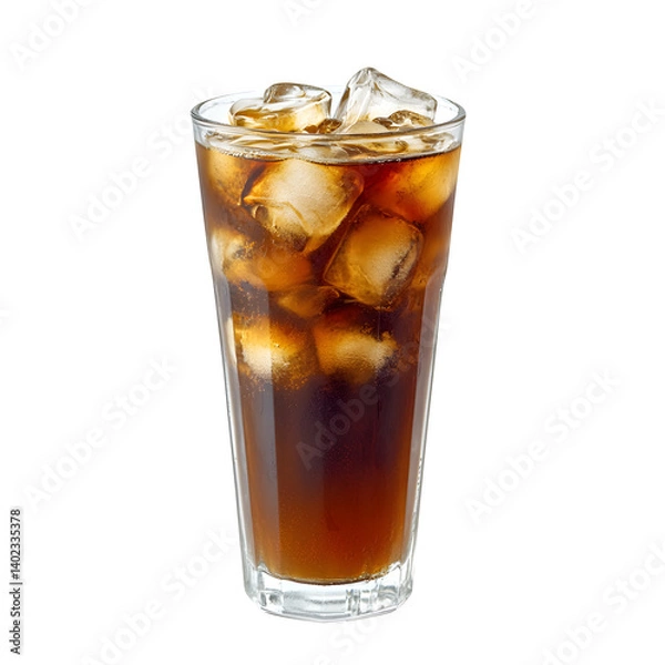 Fototapeta A cold brew coffee in a tall glass with ice cubes visible, isolated on a transparent background.