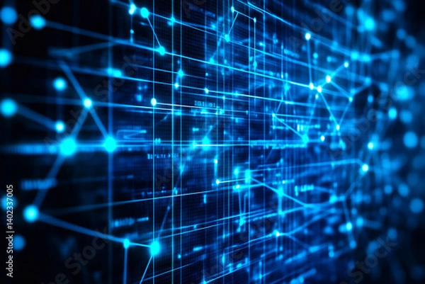 Fototapeta Abstract digital background designed as a tech-themed banner, featuring flowing data streams, software elements, and network lines. The composition symbolizes modern information systems