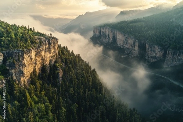 Fototapeta Stunning aerial view of a canyon with misty clouds present