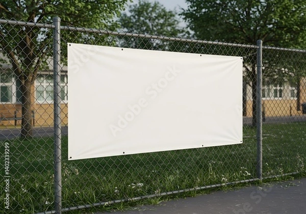 Fototapeta Blank White Advertising Banner Mockup Mounted on a Chain-Link Fence in a School Zone