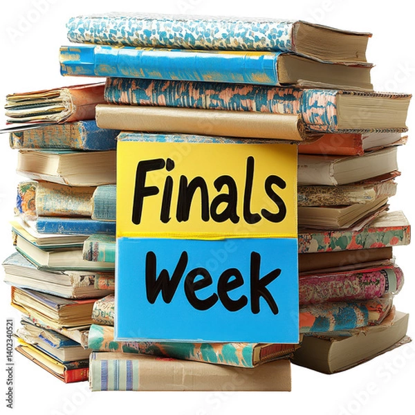 Fototapeta Finals week studying college university books education exam preparation on transparent background