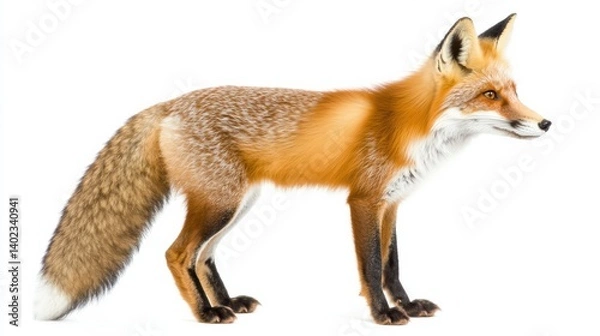 Fototapeta Red fox stands poised in side profile with bushy tail curled against a clean white background showcasing its vibrant fur and keen expression