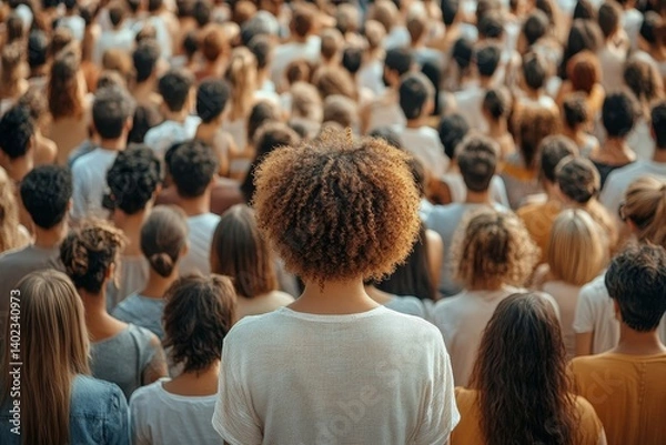 Fototapeta A picture showing a large group of people standing together in a crowd. This image can be used to depict unity, teamwork, social gatherings, or community, Generative AI