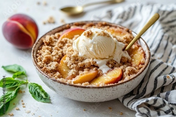 Obraz Delicious peach crumble dessert with ice cream served in a bowl