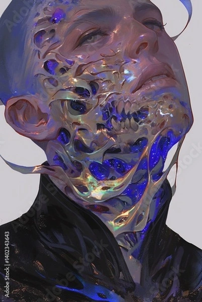 Fototapeta Blurred dynamic figure with two merged faces, glowing collars, and overlapping mushroom tattoos in surreal animated realism.